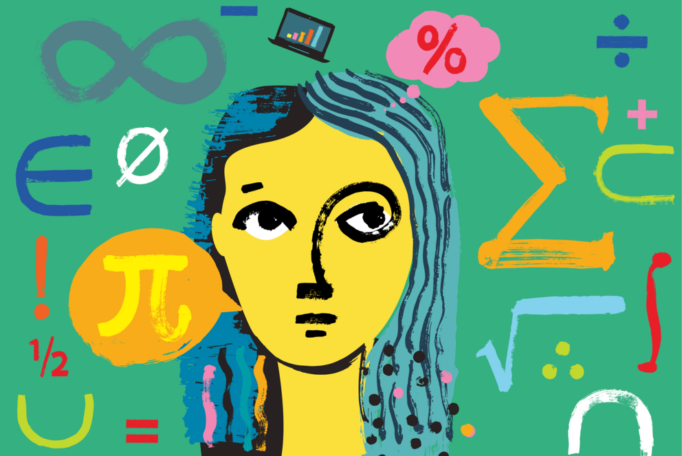 Gezeichnete Frau und mathematische Symbole (Summe, Pi, etc.) vor mintfarbenem Hintergrund