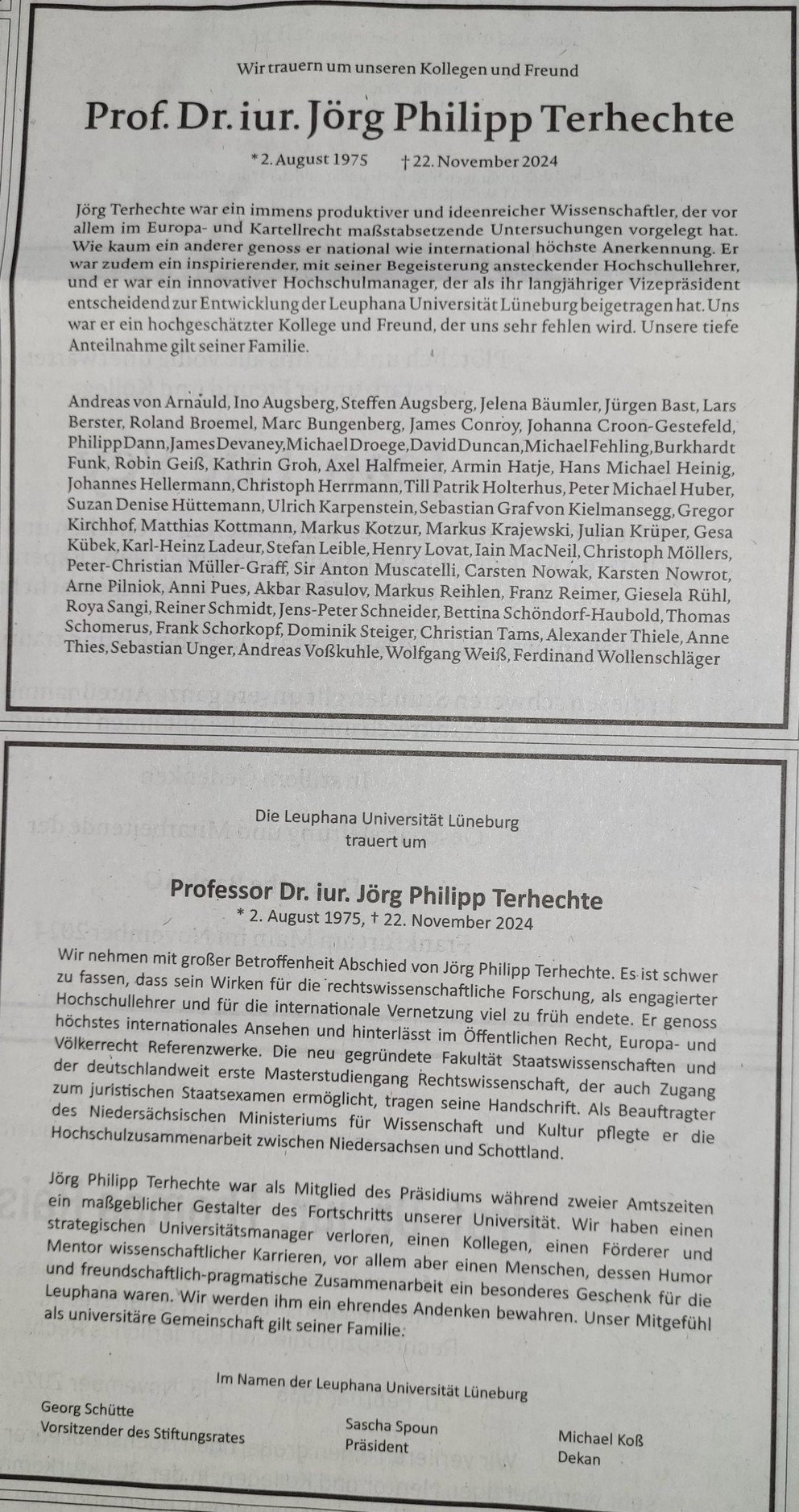 Traueranzeige Prof. Dr. Terhechte