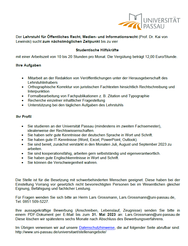 Ausschreibung SHK April 2023 Prof. von Lewinski