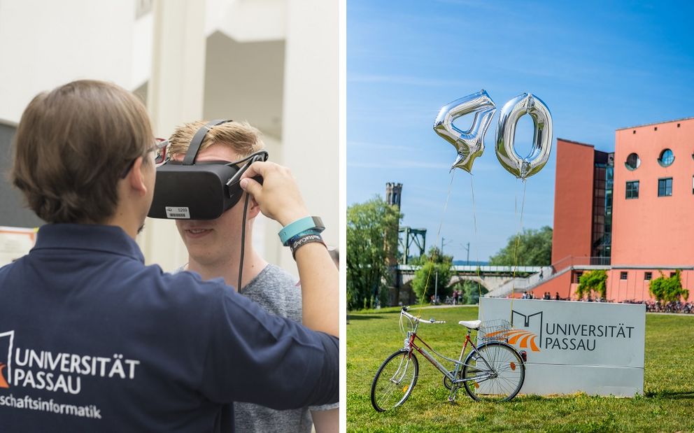 getrenntes Bild mit zwei Fotos. Foto einer Person, die einer anderen Person eine Virtaul-Reality-Brille aufsetzt. Foto eines Fahrrads auf der Wiese vor der Universität Passau, an dem eine "40" als Gasballons befestigt ist.